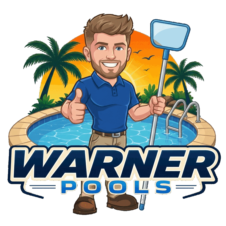 Cartoon mascot illustration of Dillion Warner, owner of Warner Pool Service, holding a pool skimmer