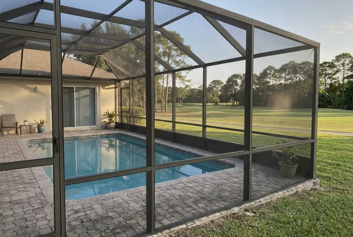Screened pool with a paver deck behind a home backing onto an open golf fairway, DeBary, FL
