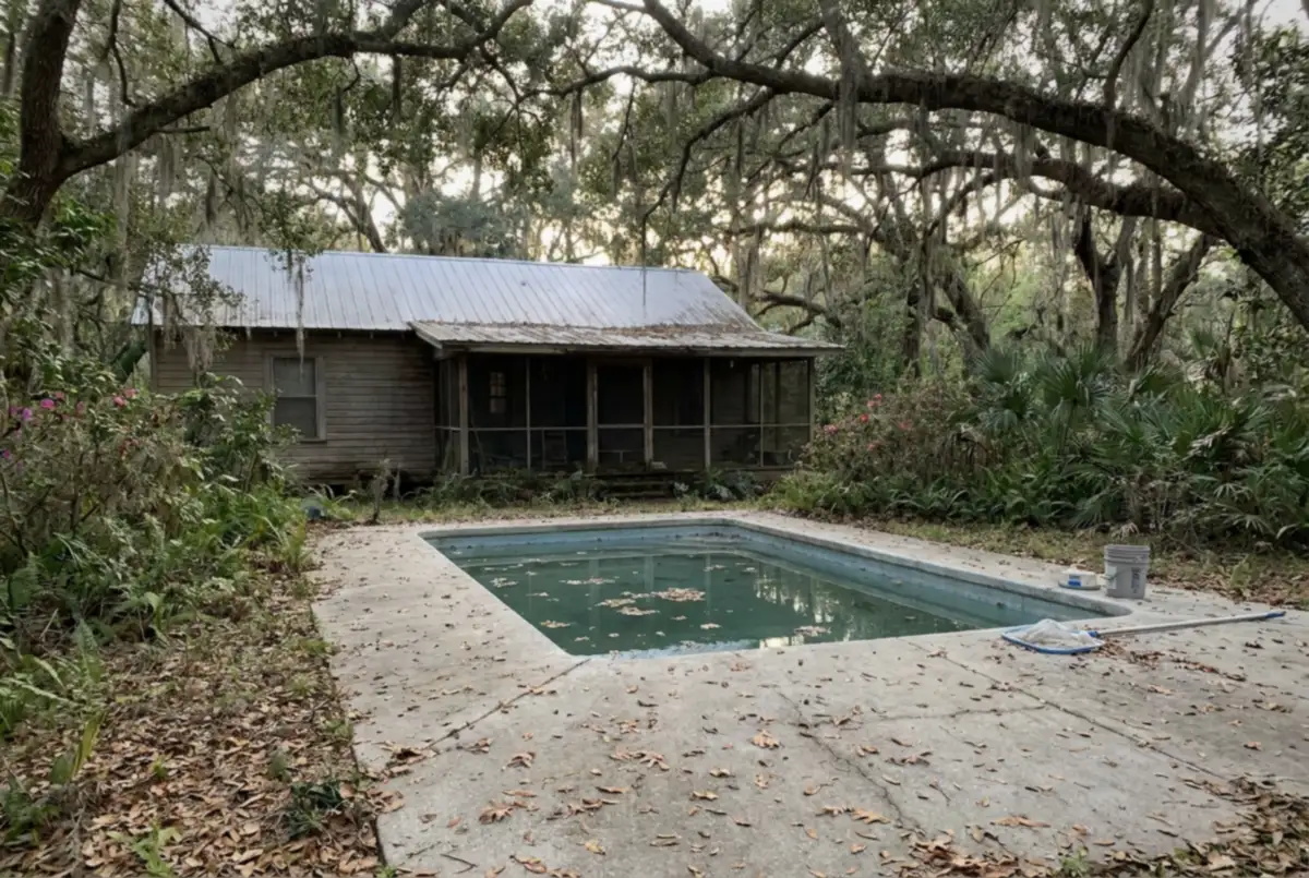 Small backyard pool behind an older wood-frame house under a heavy oak canopy, Lake Helen, FL