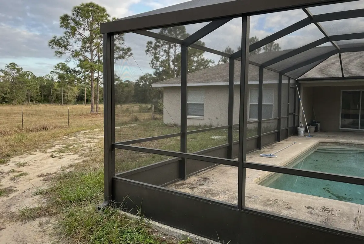 Screened pool on a rural lot with open pasture, a wire fence and pines beyond, Osteen, FL
