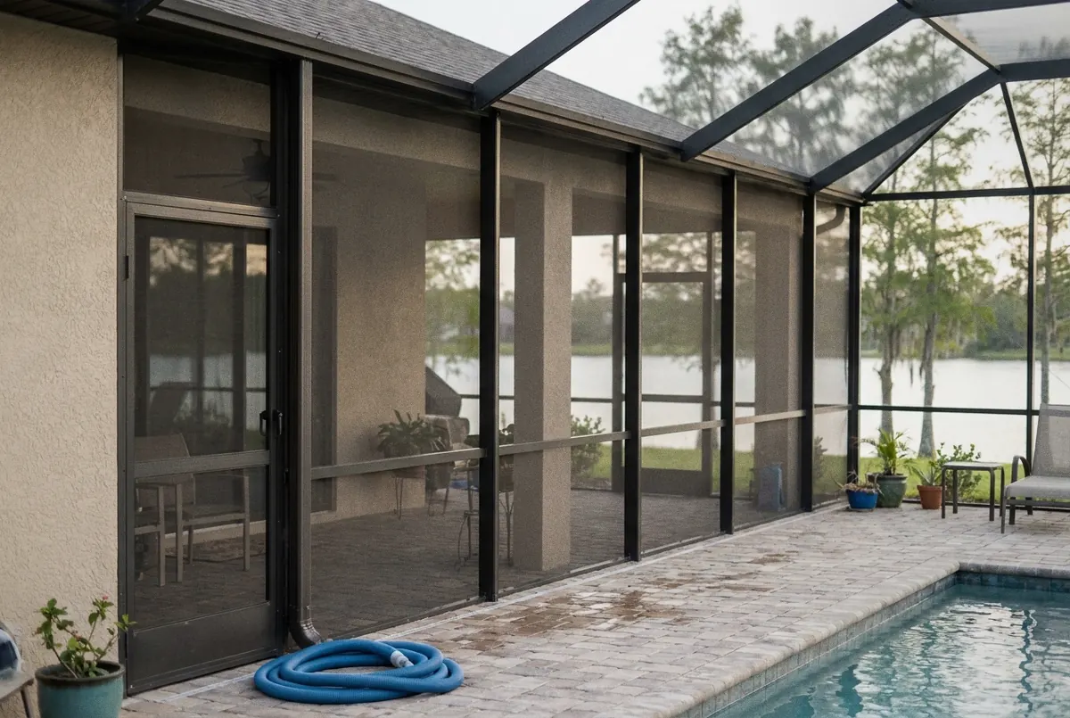 Screened pool and covered patio behind a home that backs onto a lake with cypress trees, Sanford, FL