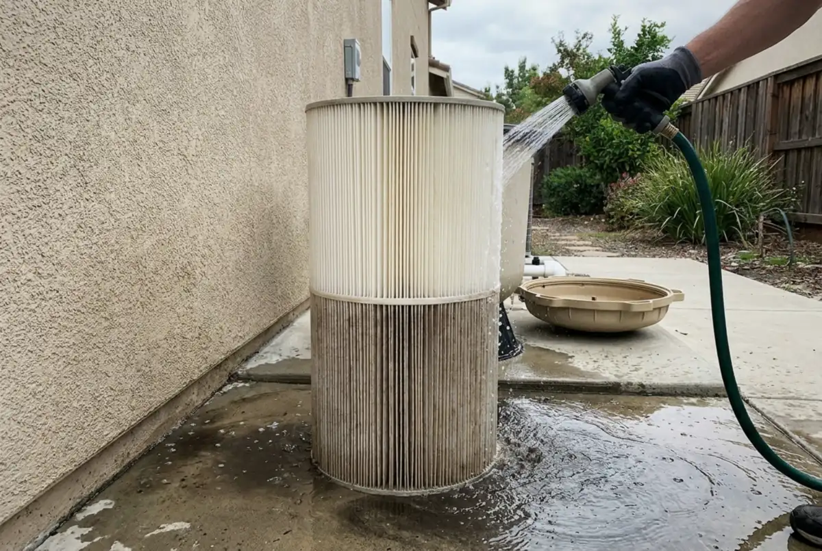 Pool cartridge filter being rinsed with a garden hose, the top half clean and the bottom still dirty, Deltona, FL