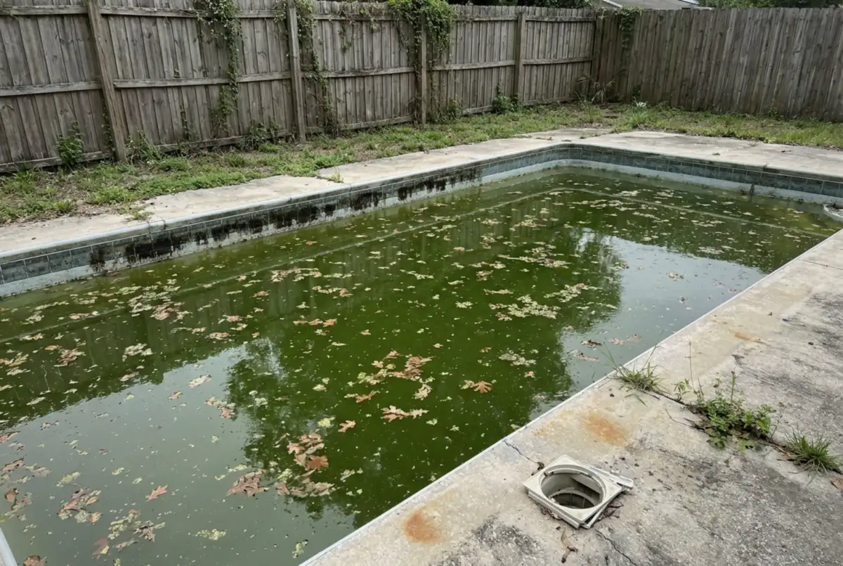 Neglected backyard pool with green algae water, floating oak leaves and weeds in the deck cracks, Deltona, FL