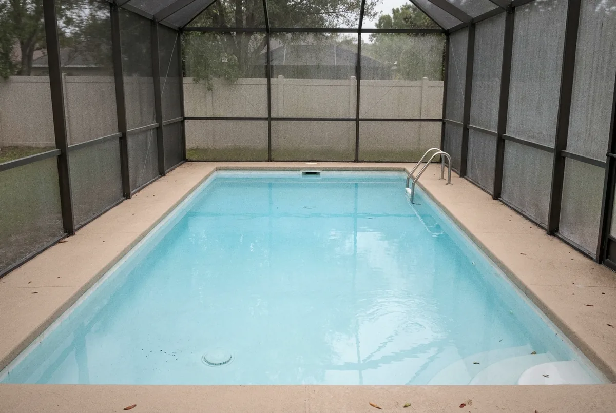 The same screened pool with clear blue water and the floor visible