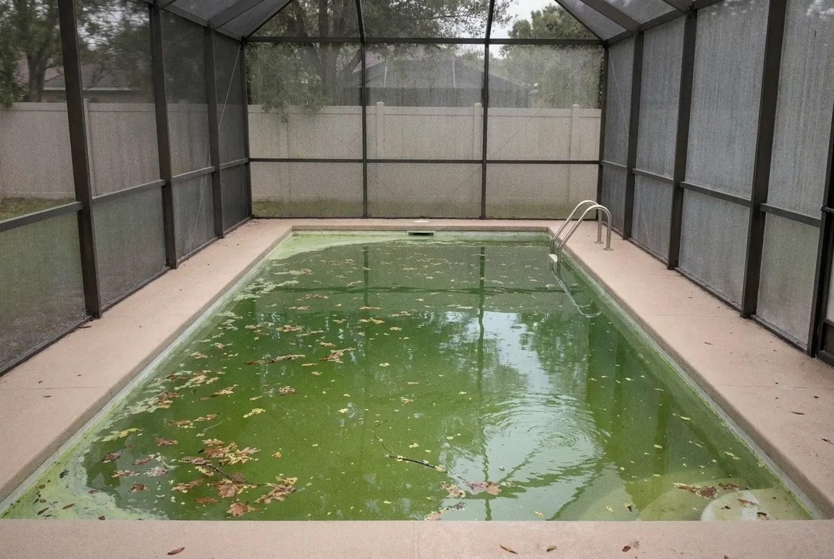 The same screened pool with green algae water and leaves floating on the surface