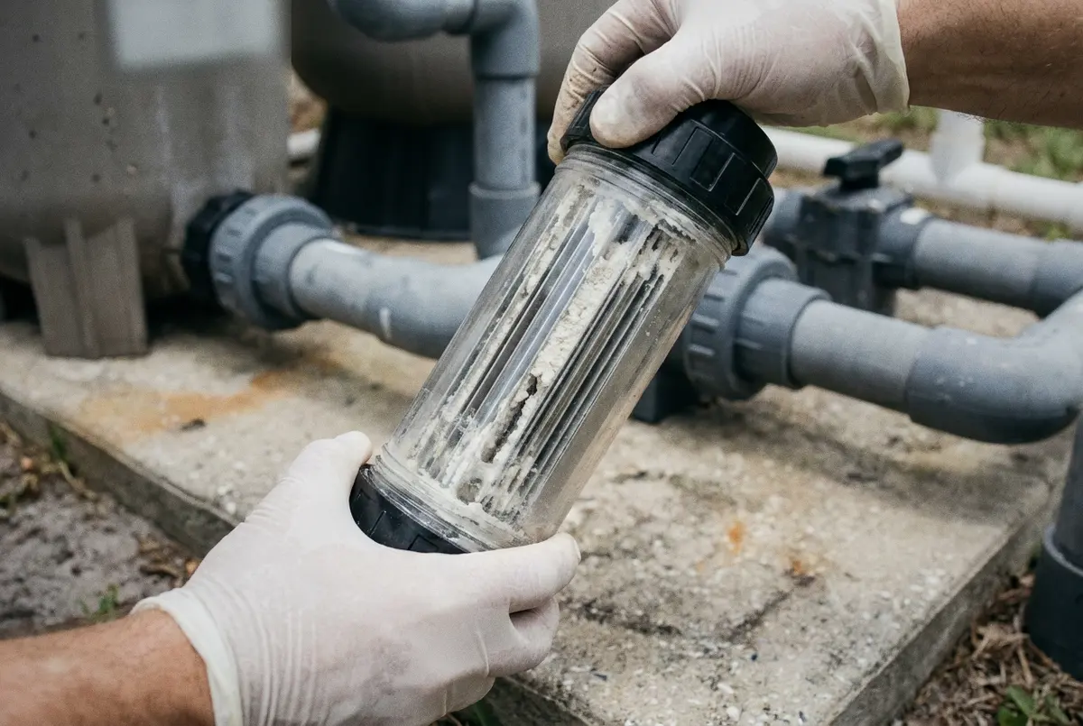 Salt chlorine generator cell removed from the plumbing, with white scale built up between the plates, Deltona, FL