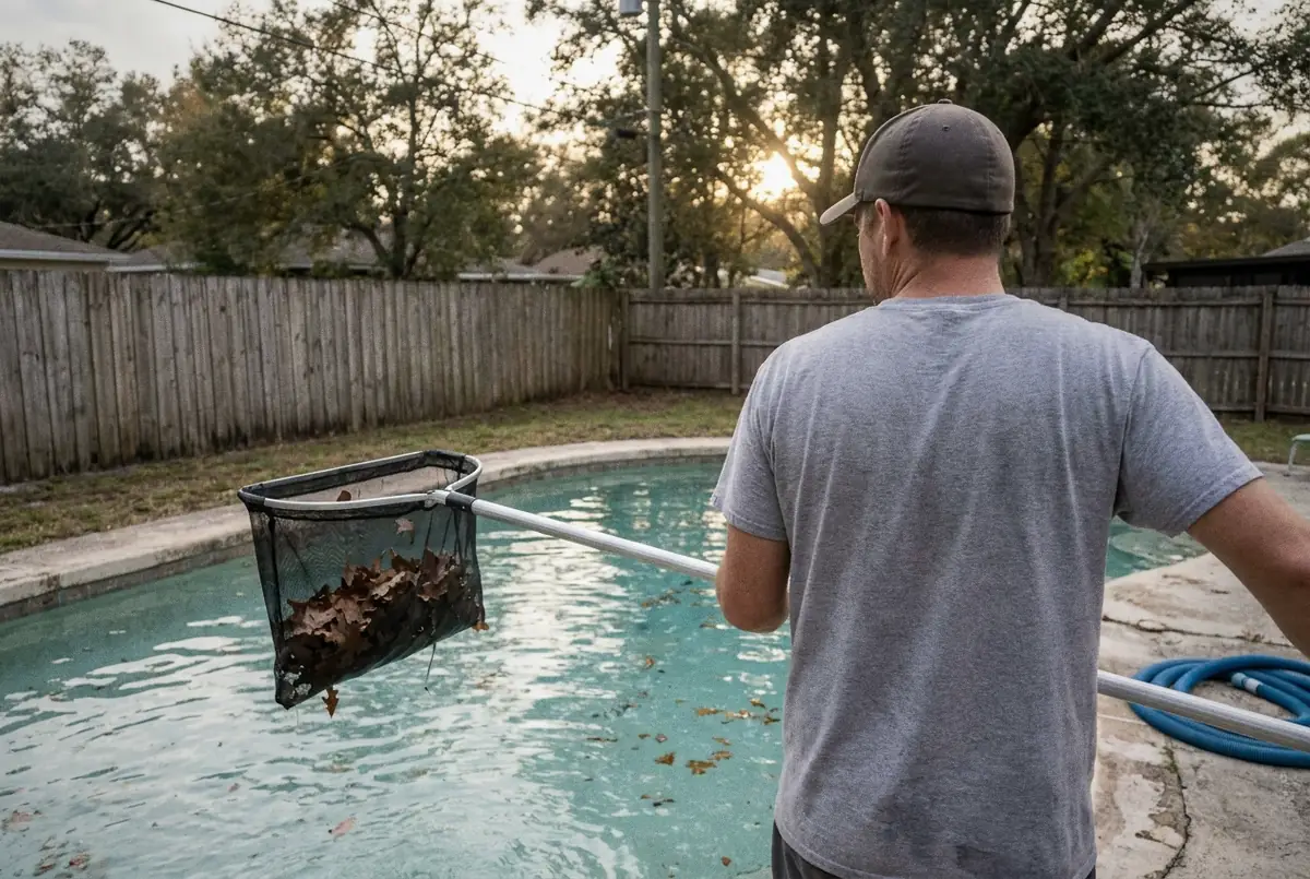 Pool technician seen from behind skimming oak leaves from an unscreened pool with a leaf rake, Deltona, FL