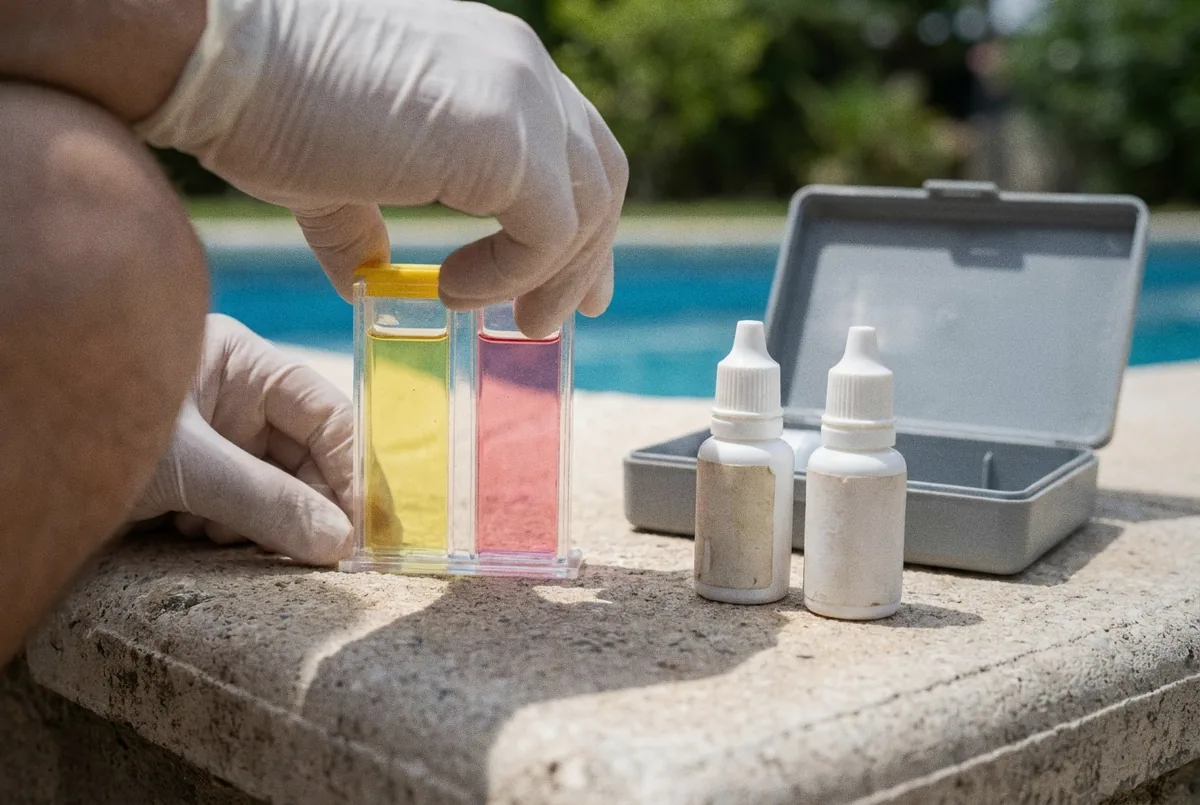 Pool water test vials showing chlorine and pH reagent colors held over blue pool water